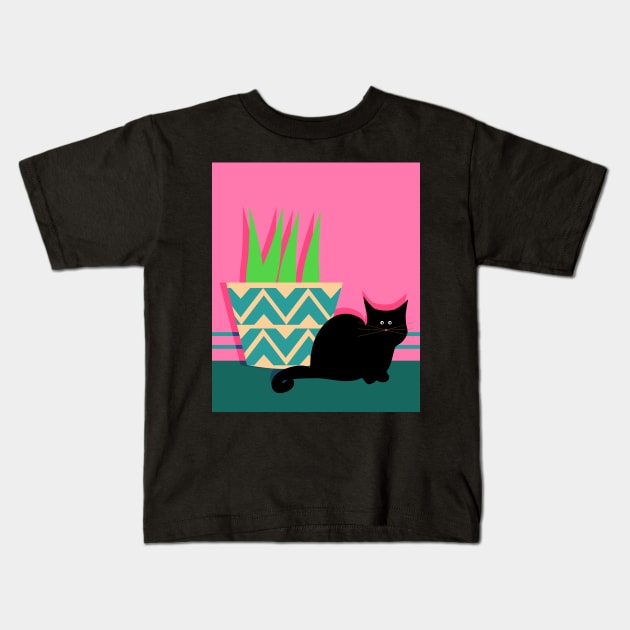 Cute cat and potted plant Kids T-Shirt by cocodes